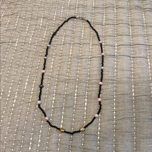 Black Beaded Necklace with Multicolor Accent Pearls
